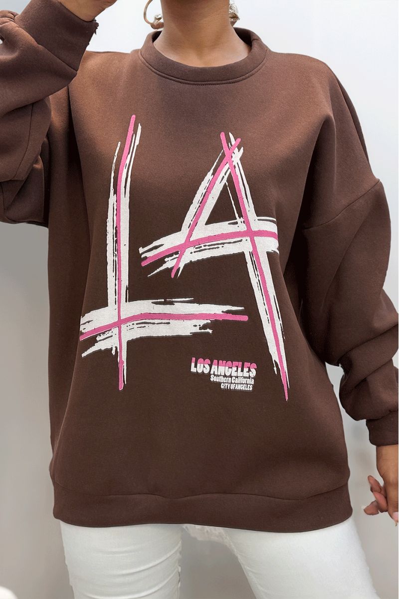 brown fleece oversize sweatshirt with LA LOS ANGELES writing - 1