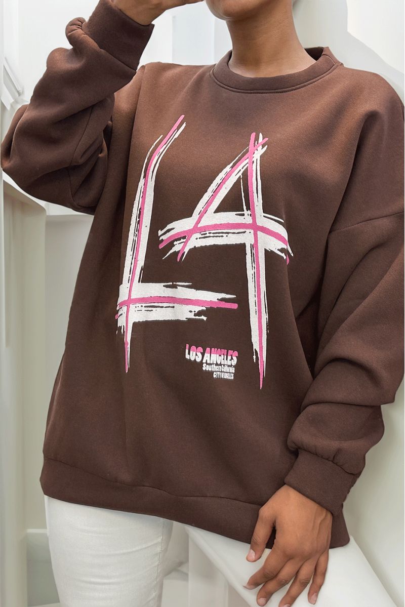 brown fleece oversize sweatshirt with LA LOS ANGELES writing - 3