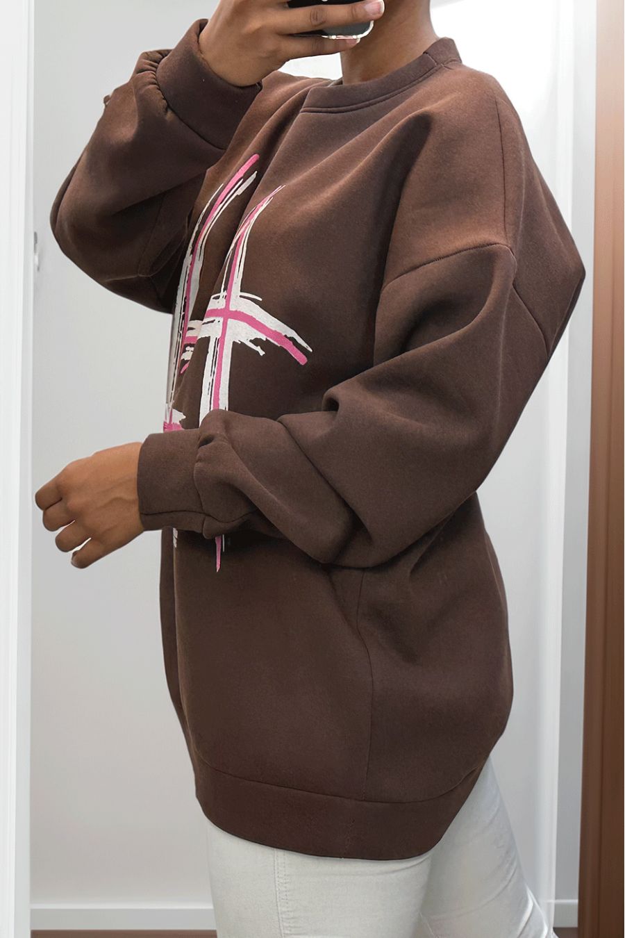 bruin fleece oversized sweatshirt met LA LOS ANGELES-opschrift - 4