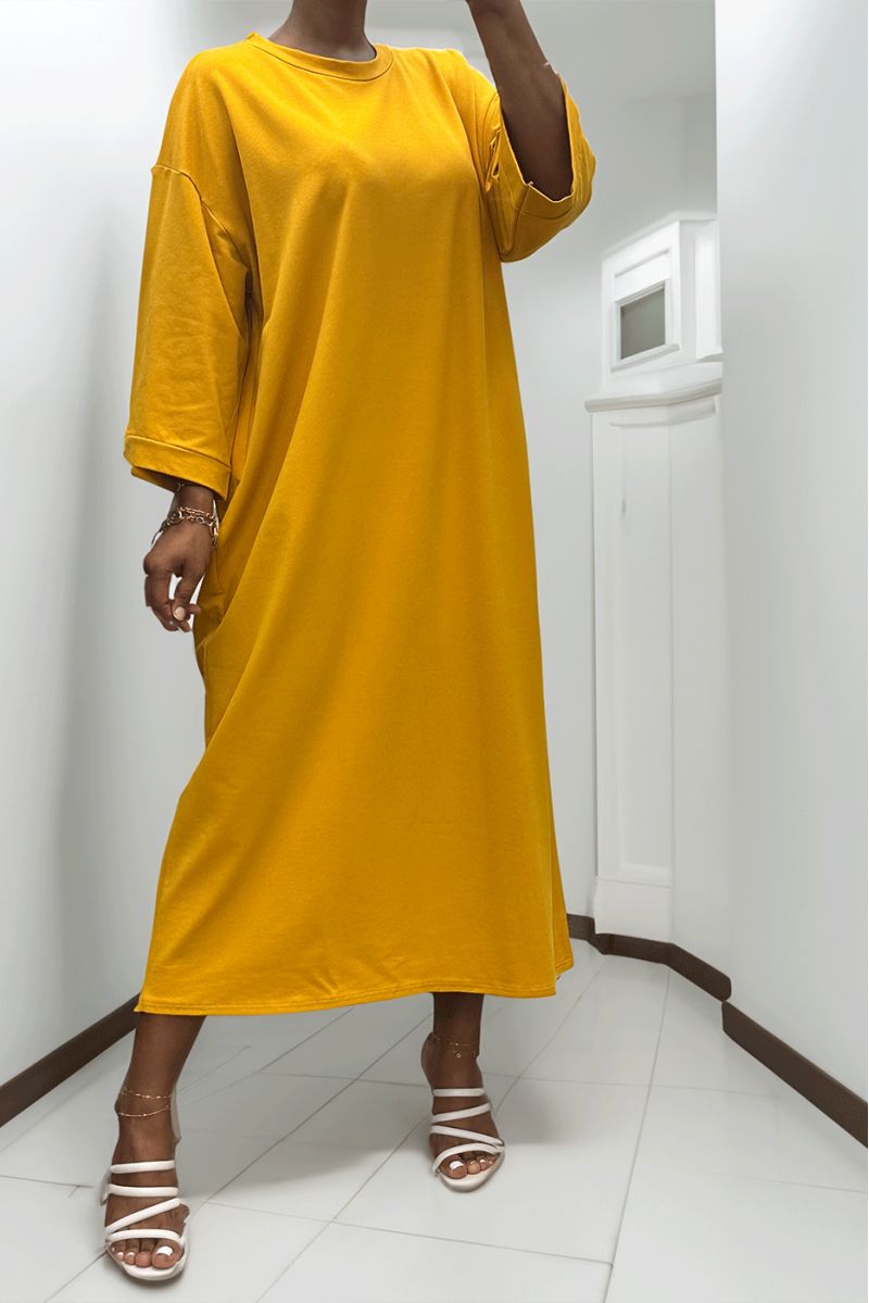 Lange oversize jurk van zeer dik mosterdkatoen - 5