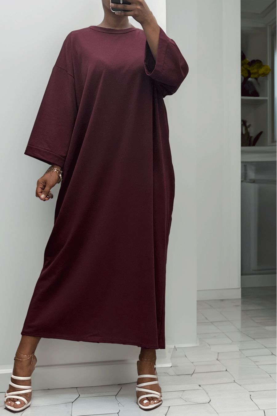 Lange oversize jurk van zeer dik bordeauxrood katoen - 1