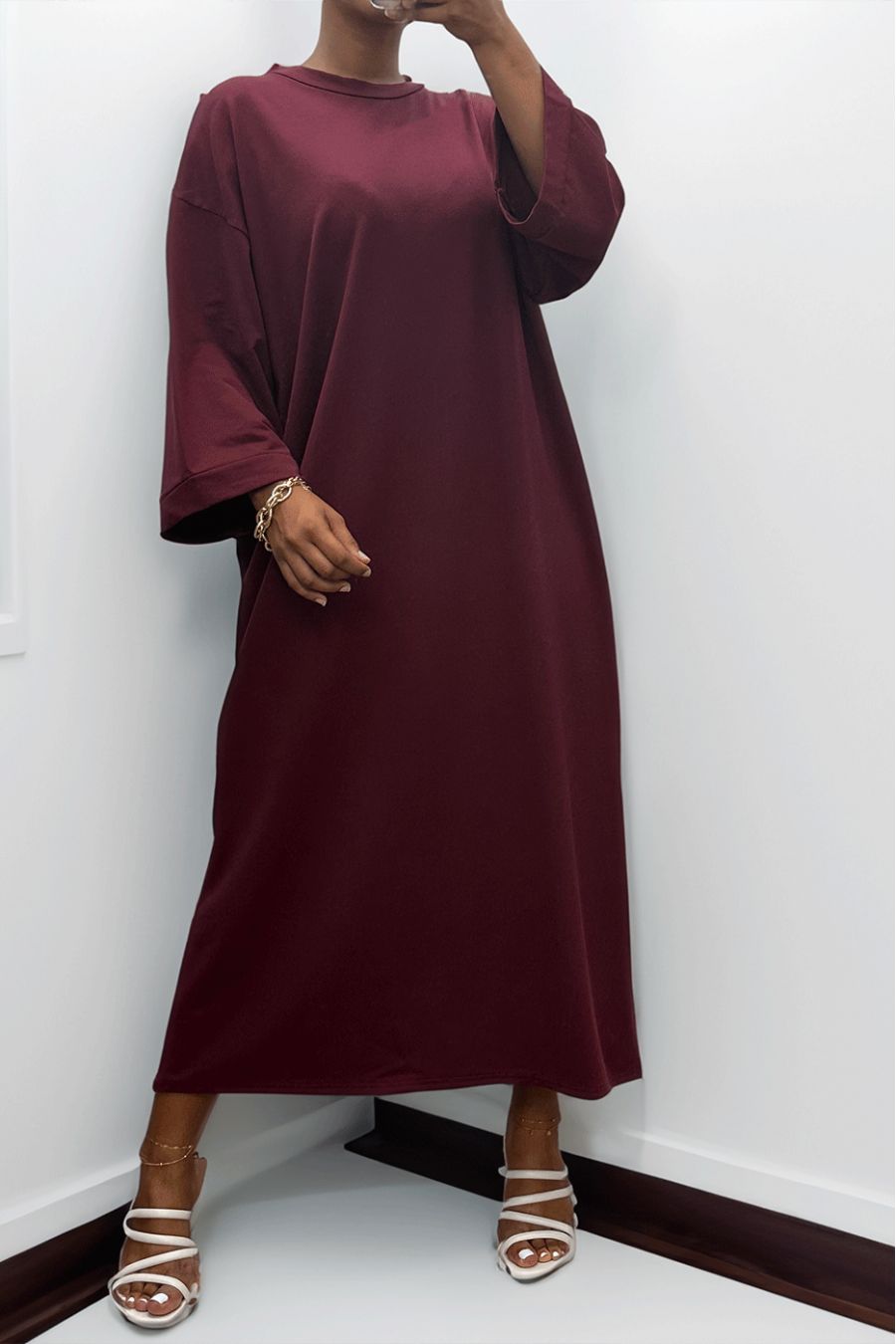 Lange oversize jurk van zeer dik bordeauxrood katoen - 2