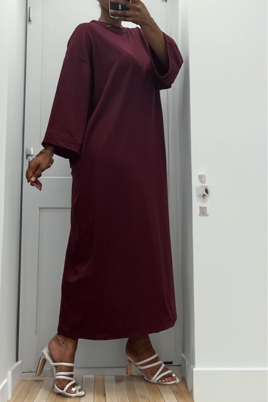 Lange oversize jurk van zeer dik bordeauxrood katoen - 4
