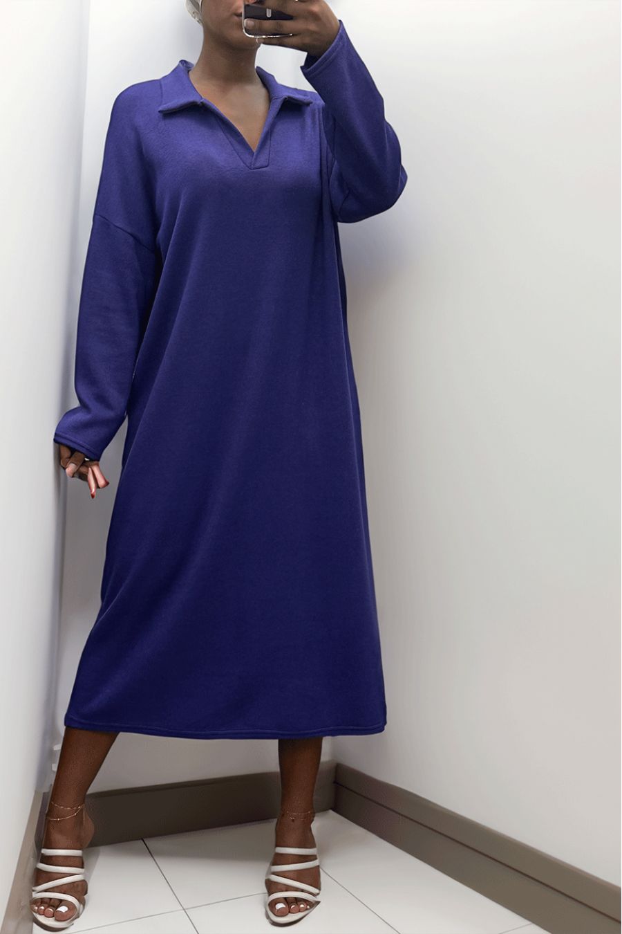 Longue robe épaisse col chemise en violet - 1