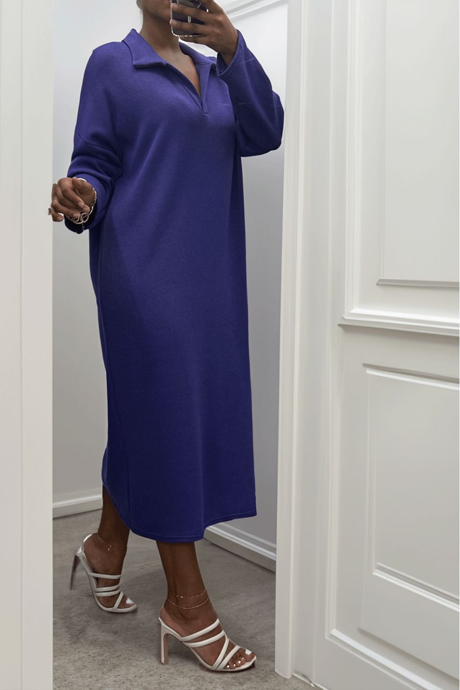 Longue robe épaisse col chemise en violet - 2
