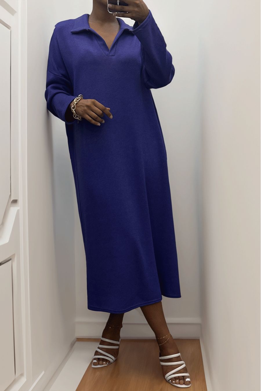 Longue robe épaisse col chemise en violet - 3