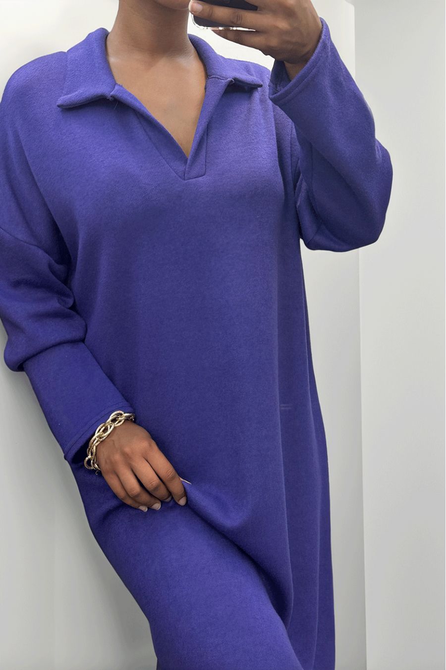Long thick shirt collar dress in purple - 4