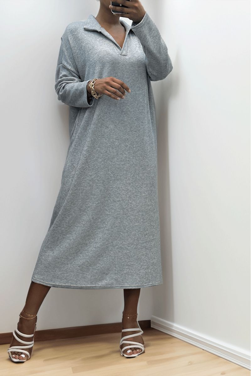 Lange dikke jurk met overhemdkraag in grijs - 2