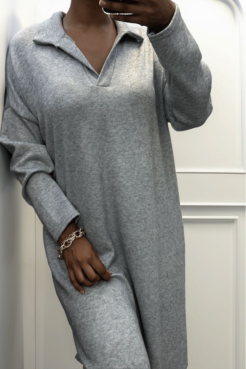 Long thick dress with shirt collar in gray - 5