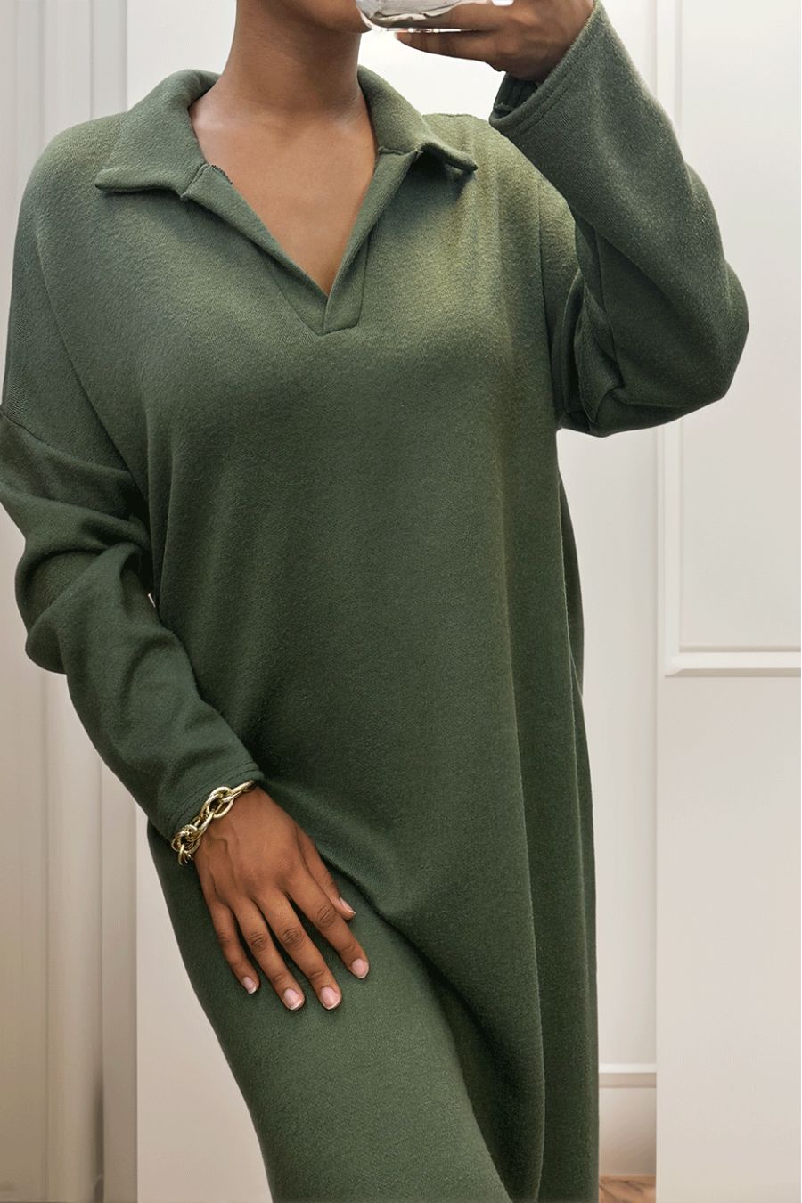 Longue robe épaisse col chemise en kaki - 5
