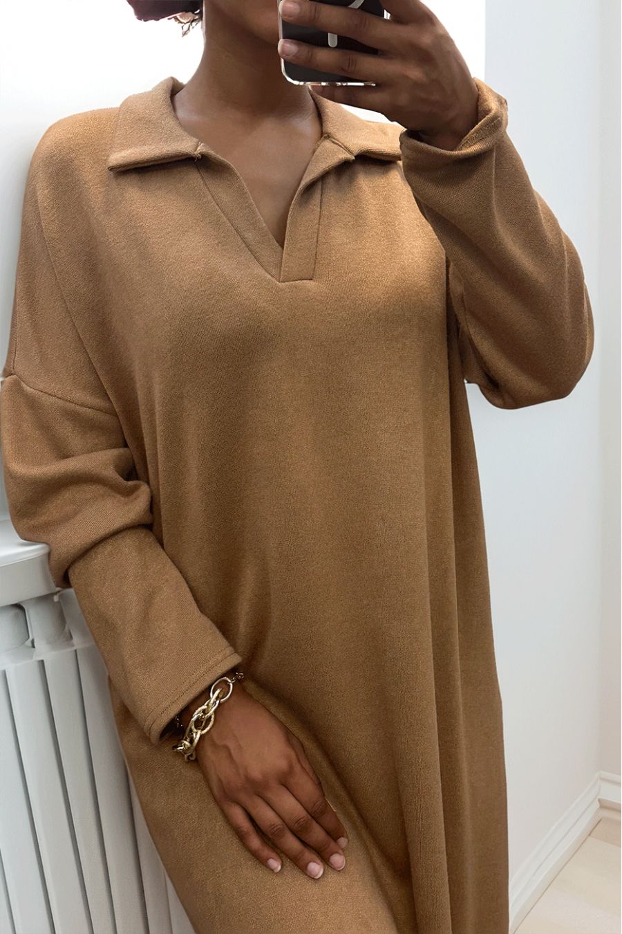 Long thick dress with shirt collar in camel - 6