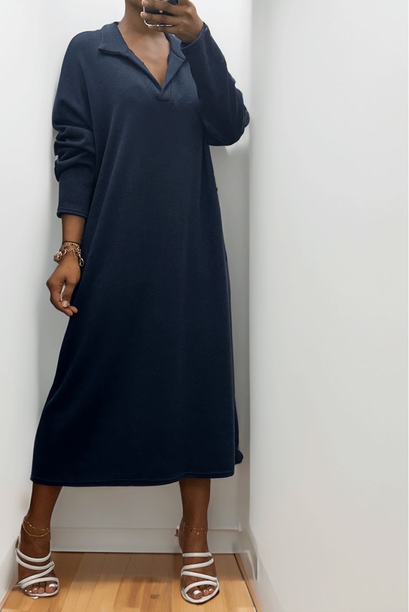 Long thick dress with shirt collar in navy - 1