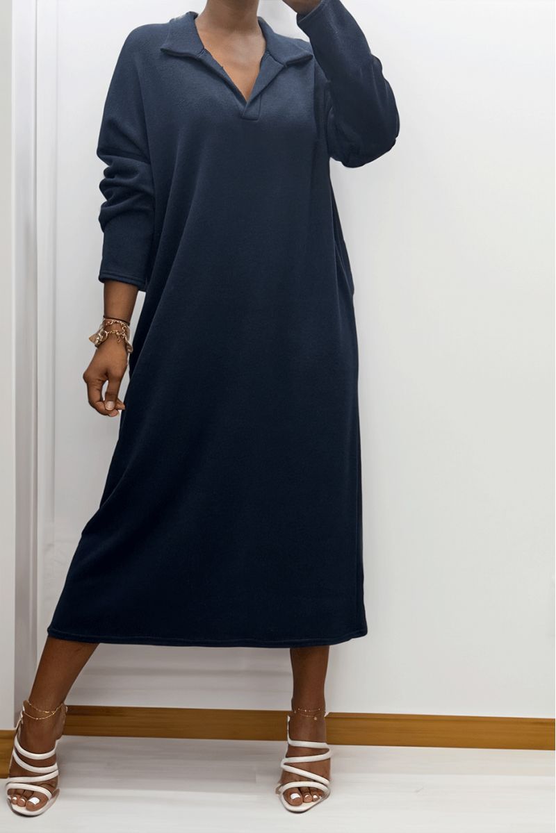 Long thick dress with shirt collar in navy - 2