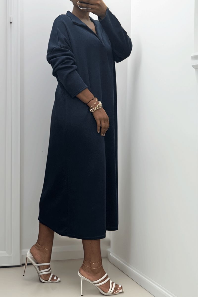 Long thick dress with shirt collar in navy - 3