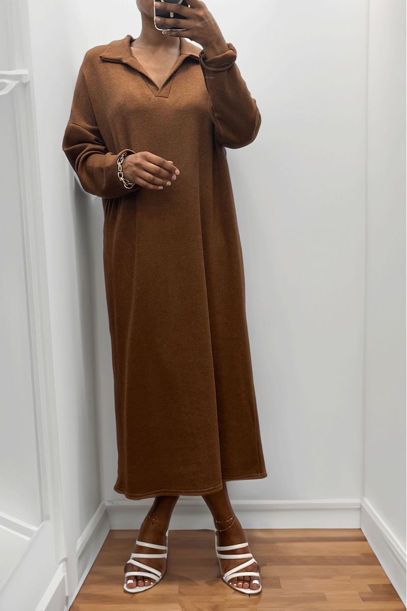 Long thick dress with shirt collar in brown - 6