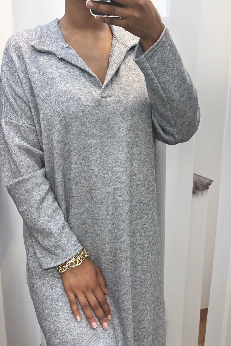 Longue robe épaisse col chemise en gris - 5