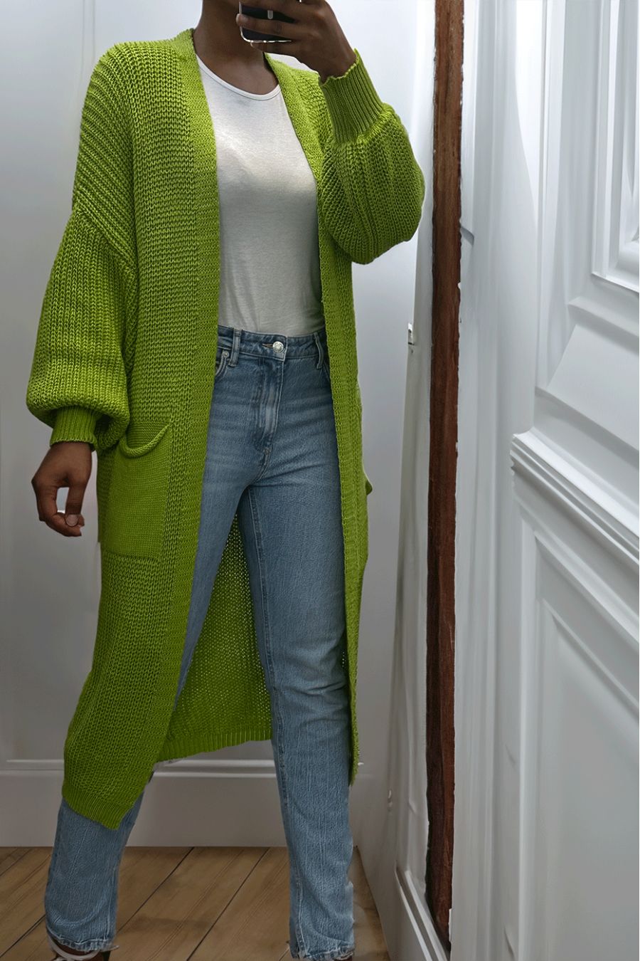 Long green cable knit cardigan with buttons