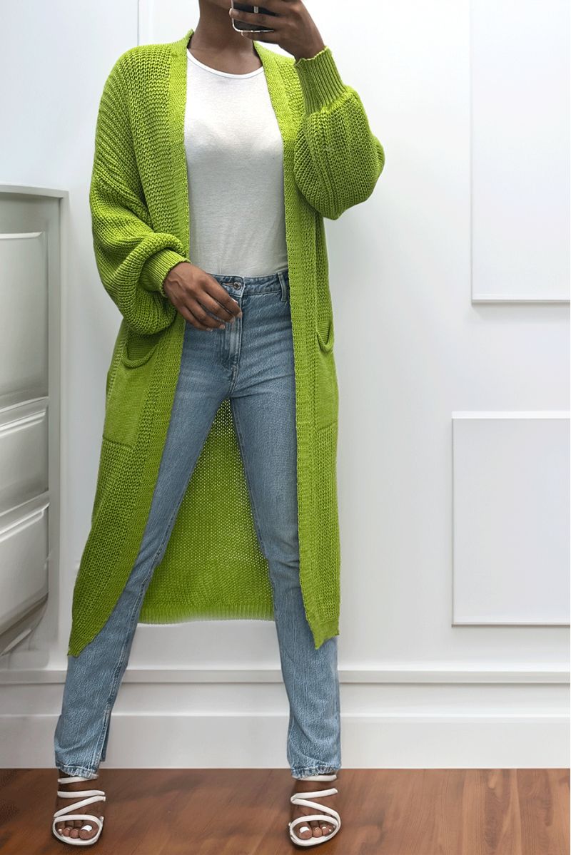 Long pistachio cardigan with puffed sleeves and chunky knit - 2