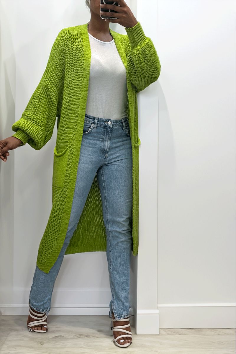 Long pistachio cardigan with puffed sleeves and chunky knit - 3
