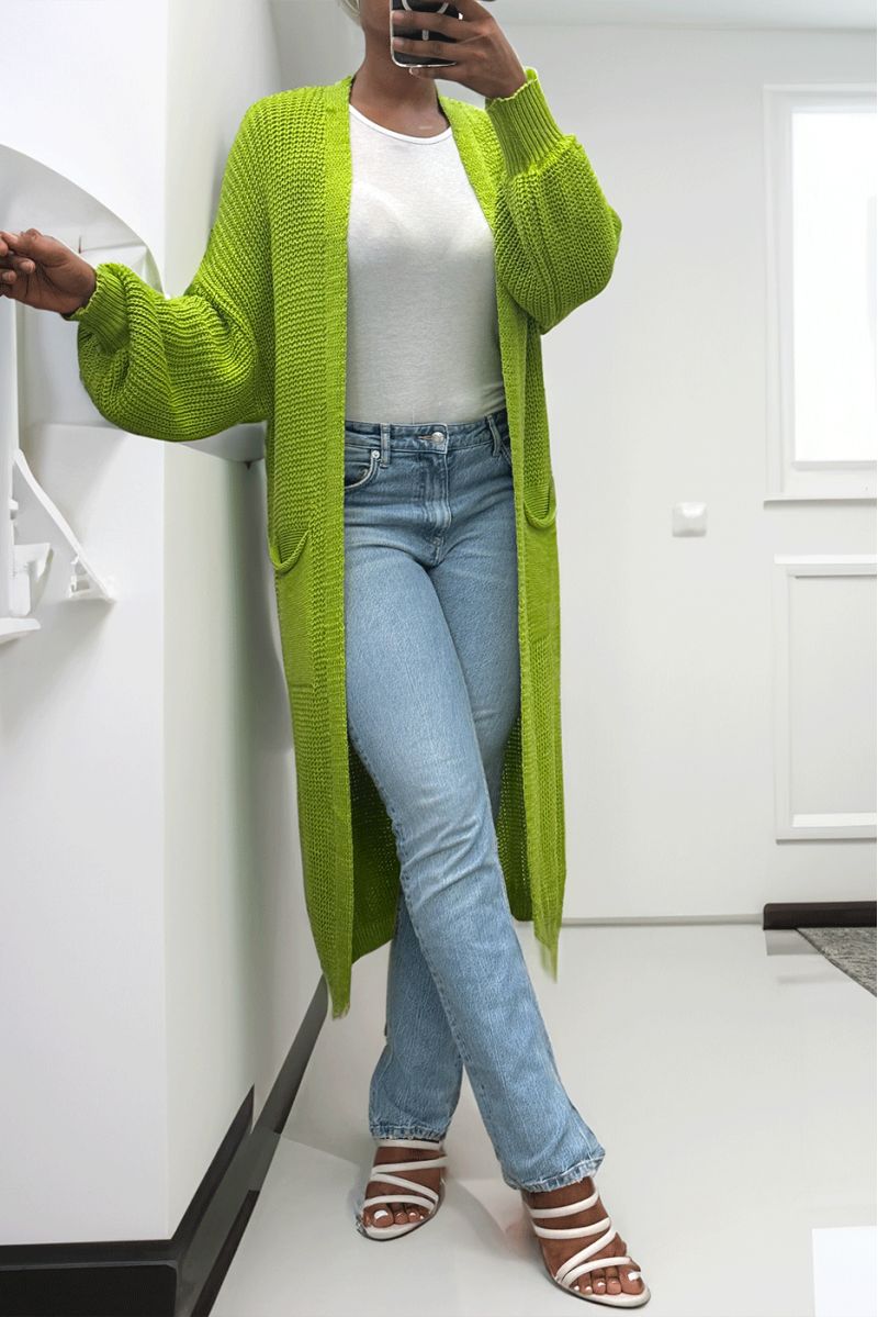 Long pistachio cardigan with puffed sleeves and chunky knit - 4
