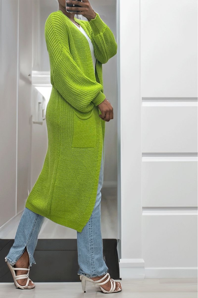 Long pistachio cardigan with puffed sleeves and chunky knit - 5