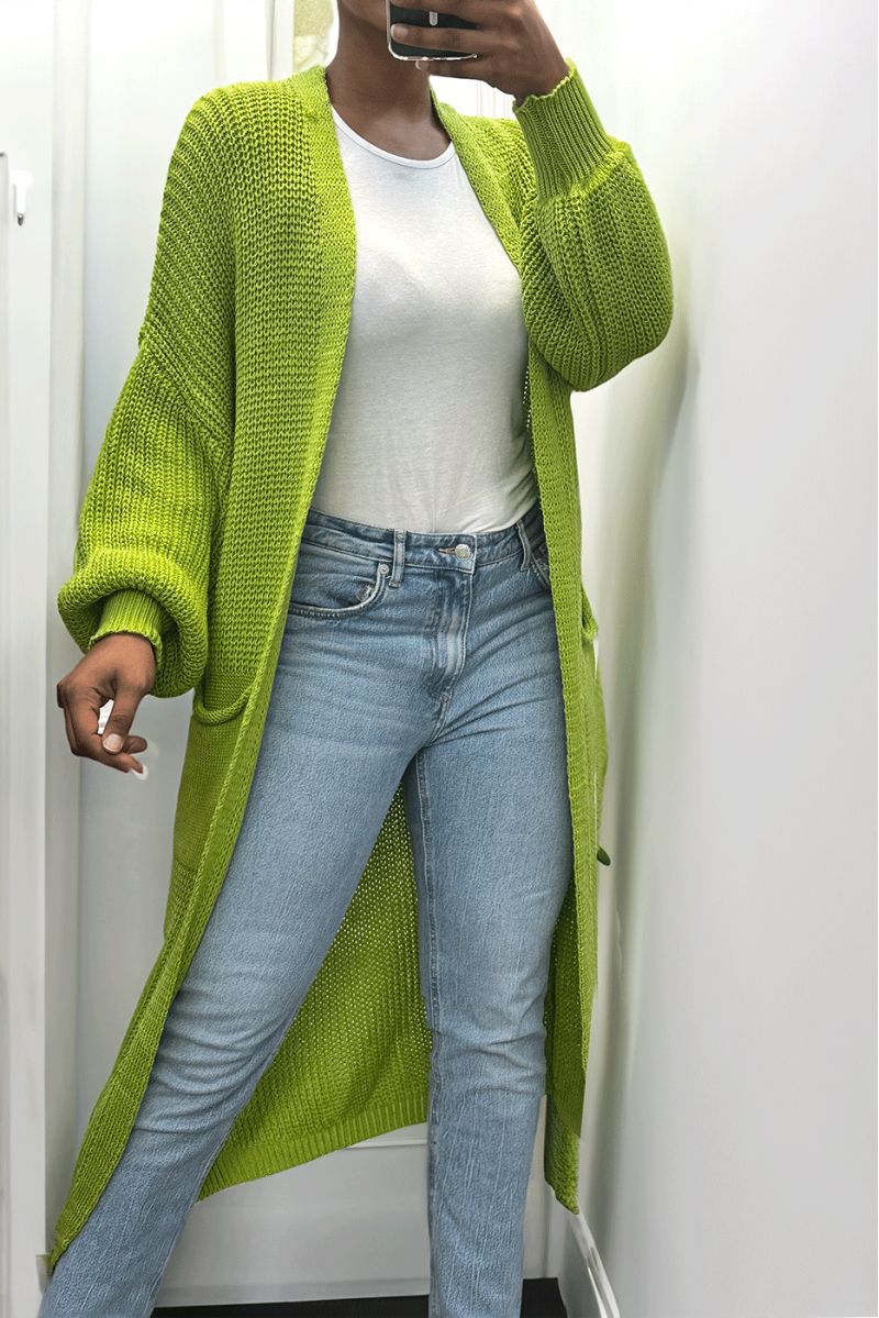 Long pistachio cardigan with puffed sleeves and chunky knit - 6