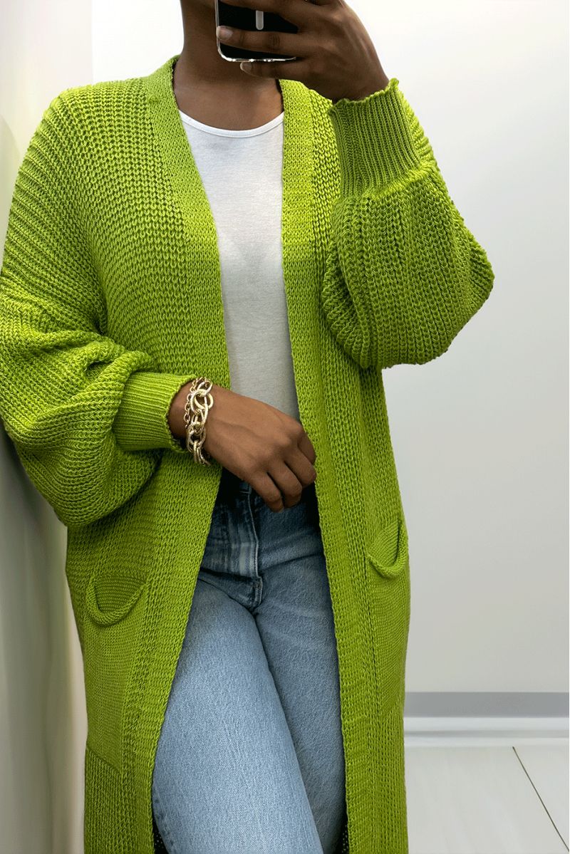 Long pistachio cardigan with puffed sleeves and chunky knit - 7
