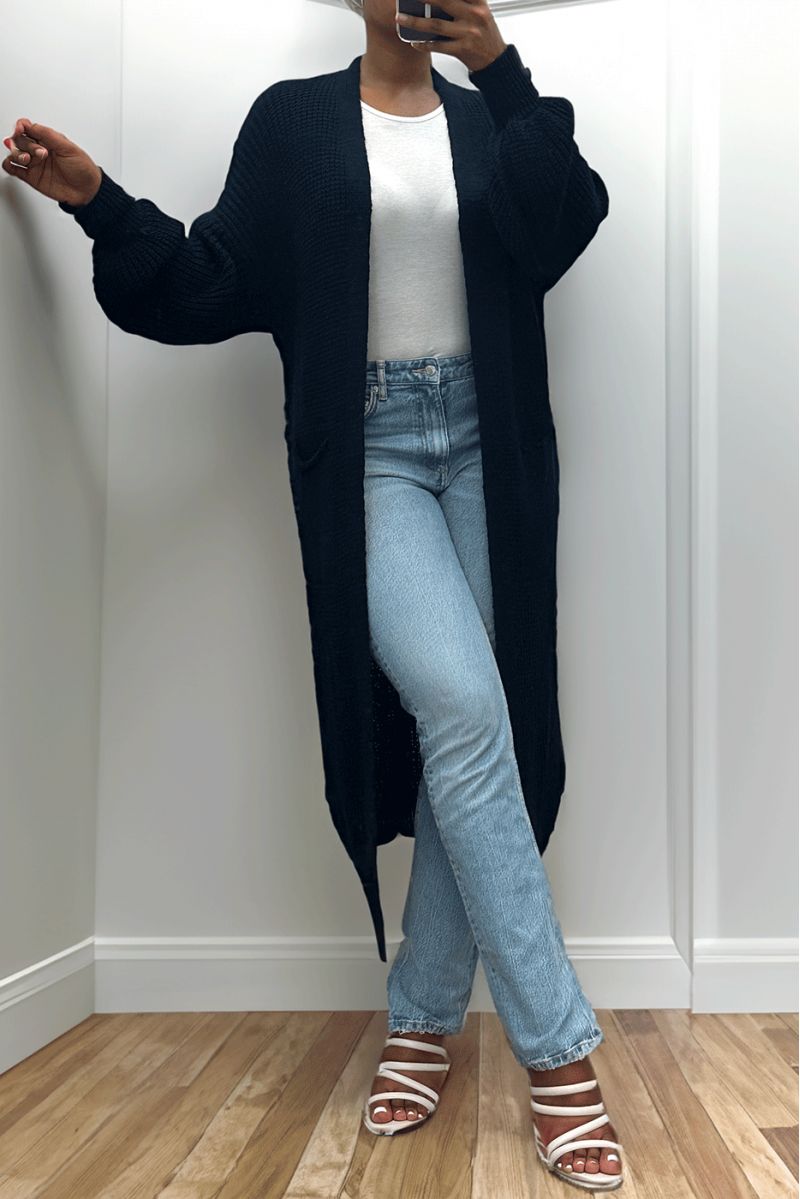 Lang marineblauw vest met grofgebreide pofmouwen - 1