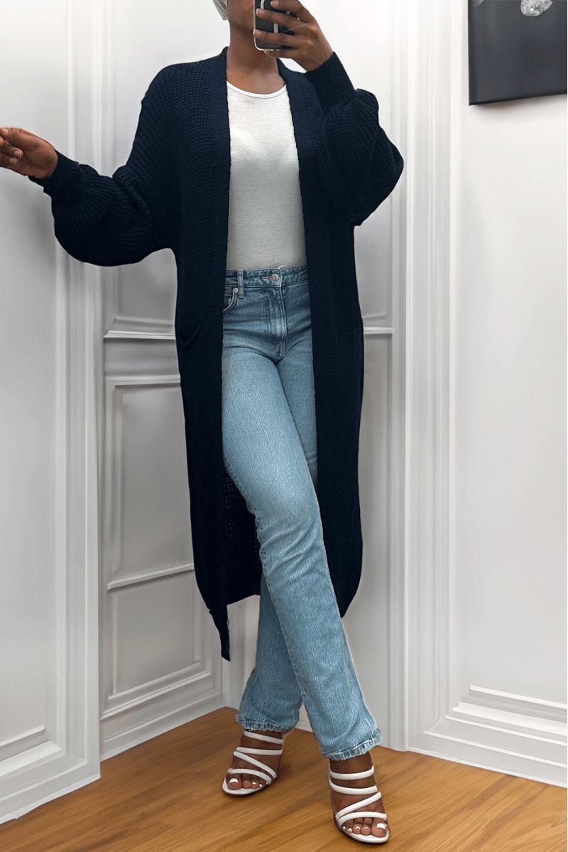 Long navy cardigan with chunky knit puff sleeves - 2
