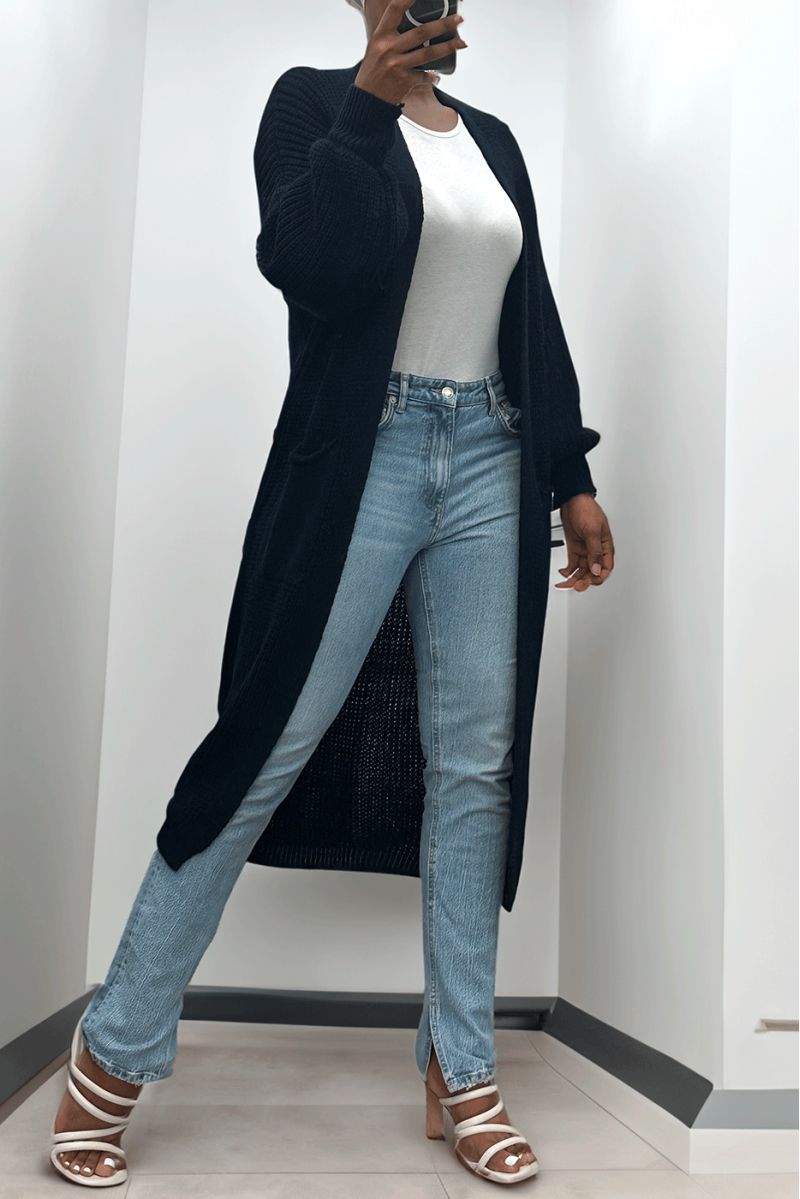 Long navy cardigan with chunky knit puff sleeves - 3