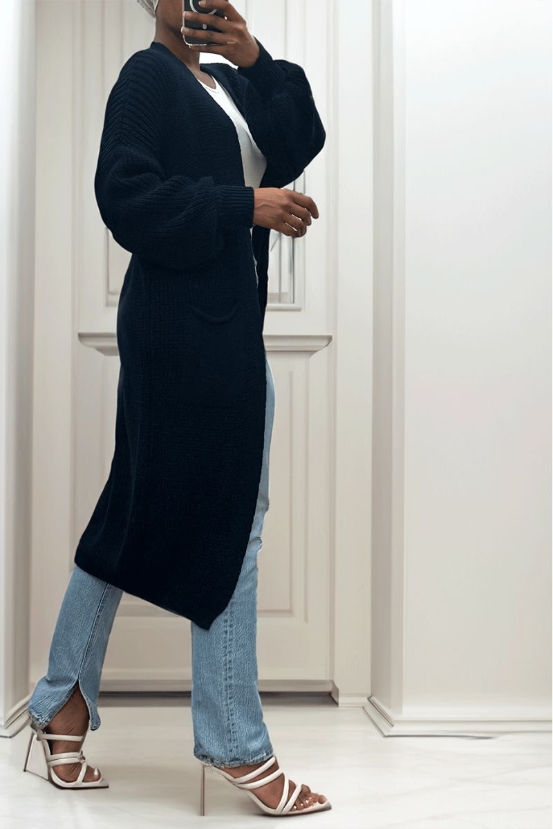 Long navy cardigan with chunky knit puff sleeves - 4