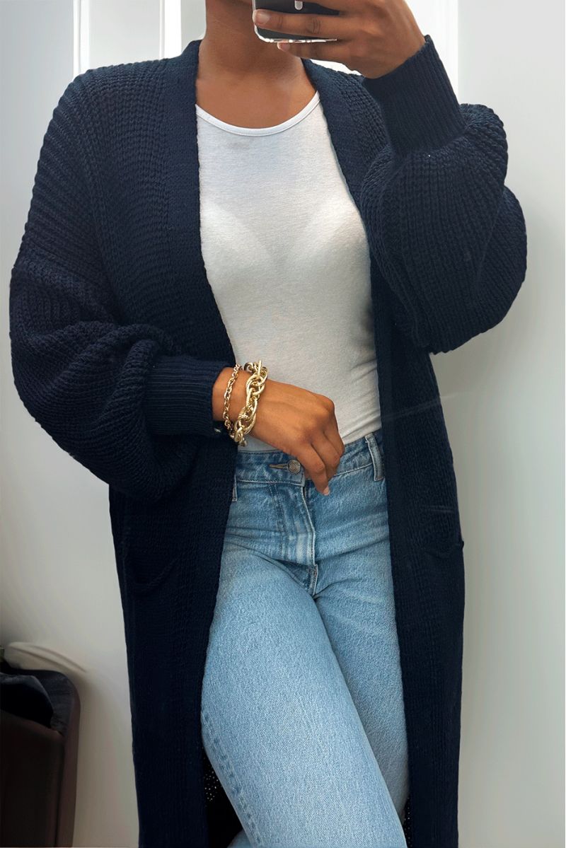 Long navy cardigan with chunky knit puff sleeves - 5