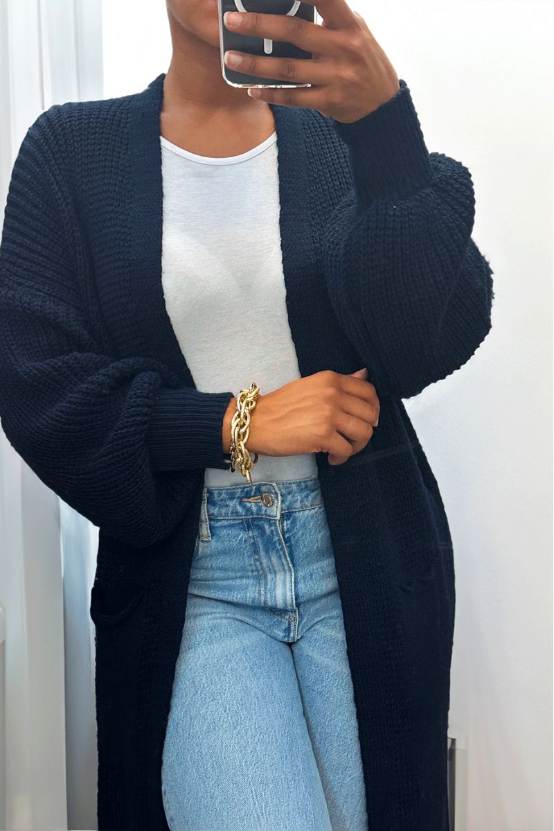 Long navy cardigan with chunky knit puff sleeves - 6