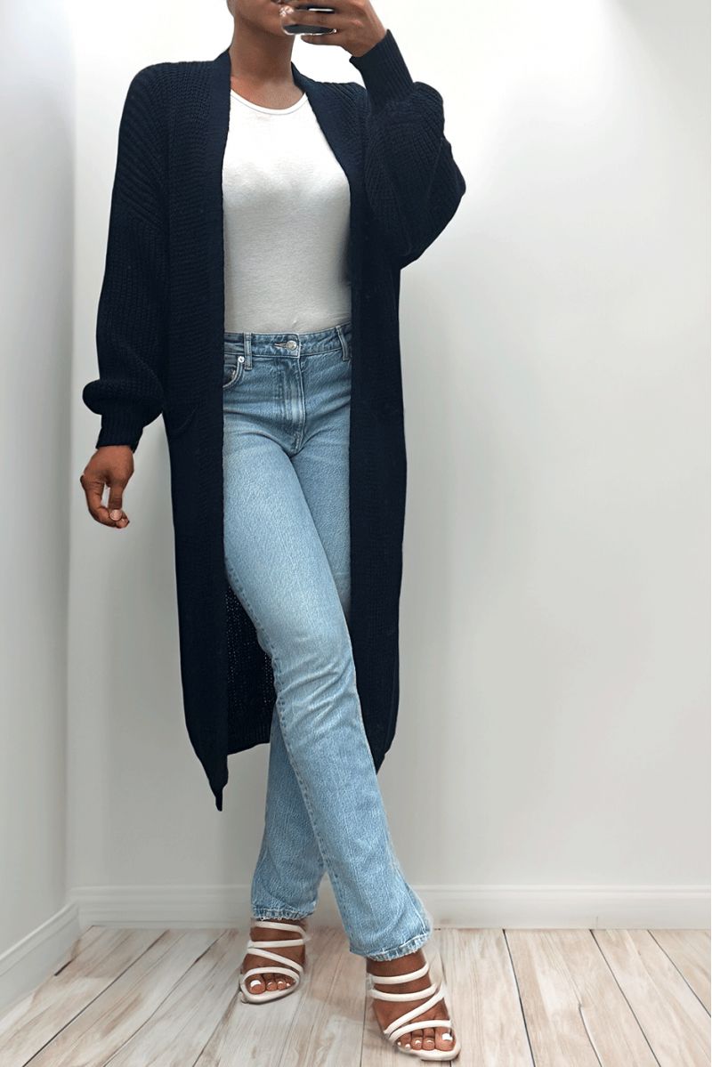 Long navy cardigan with chunky knit puff sleeves - 8
