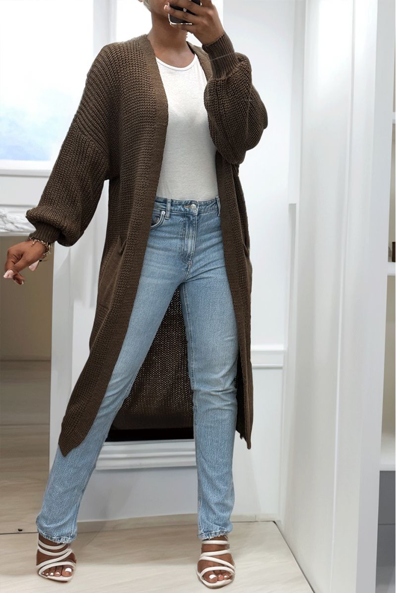Brown long cardigan with puffed sleeves and chunky knit - 1