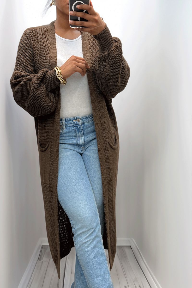 Brown long cardigan with puffed sleeves and chunky knit - 2