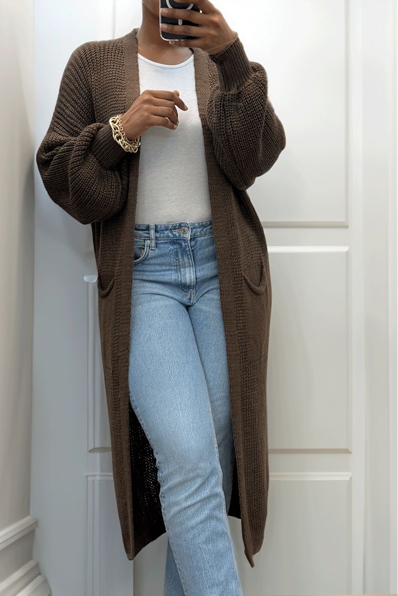 Brown long cardigan with puffed sleeves and chunky knit - 3