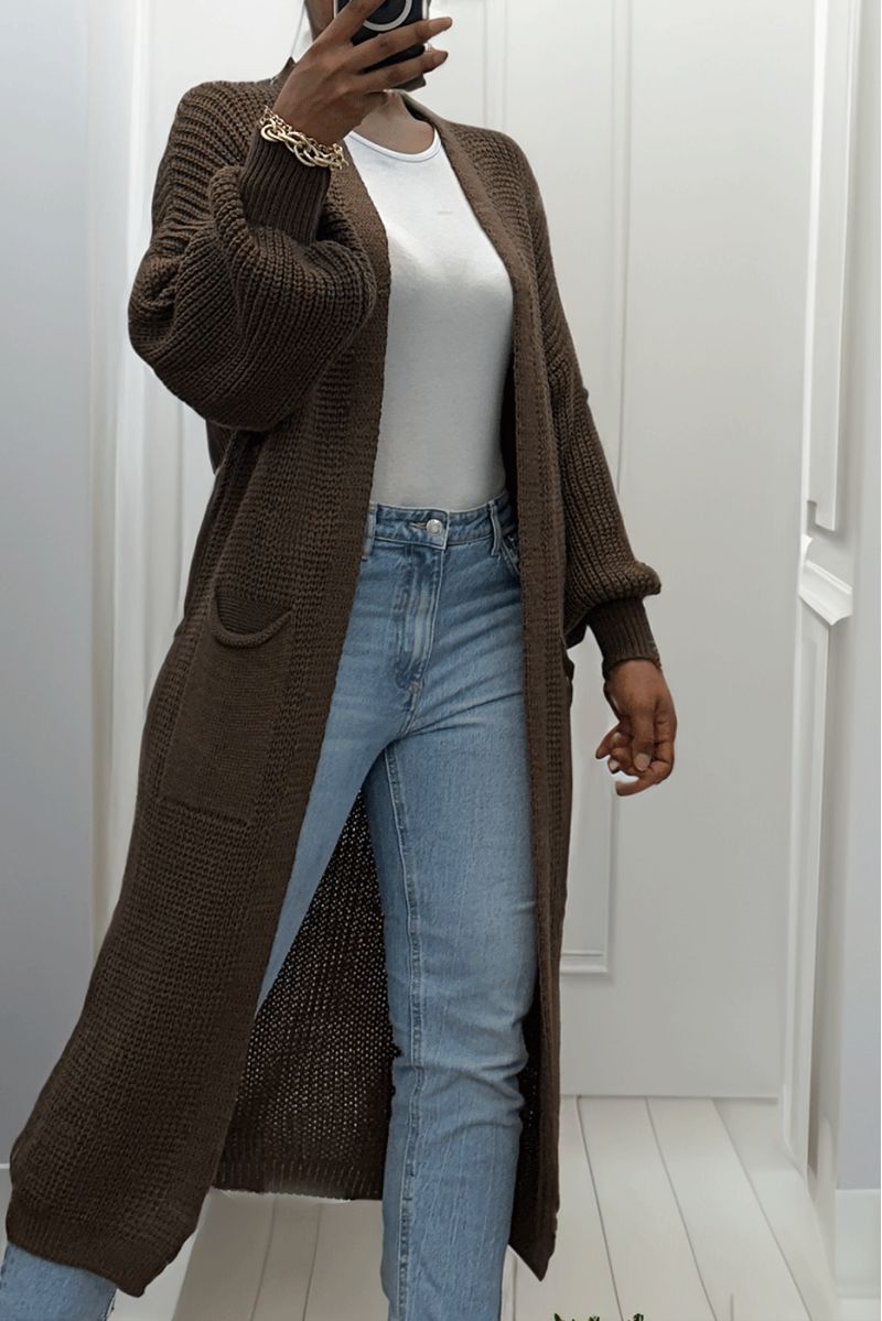 Brown long cardigan with puffed sleeves and chunky knit - 4