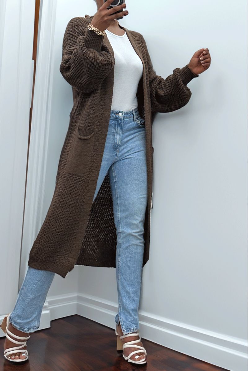 Brown long cardigan with puffed sleeves and chunky knit - 5