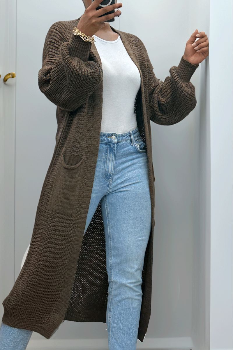 Brown long cardigan with puffed sleeves and chunky knit - 6