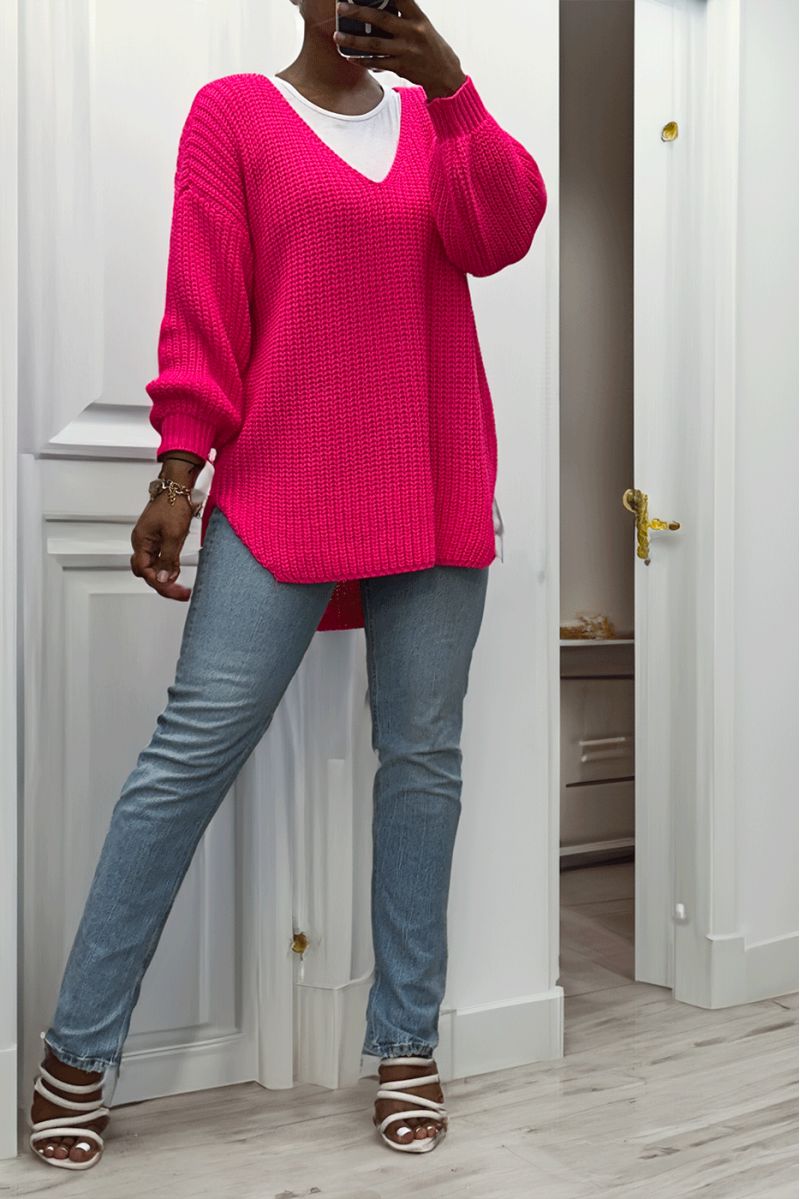 Asymmetrical fuchsia knit sweater with v-neck and puffed sleeves, ultra soft - 1