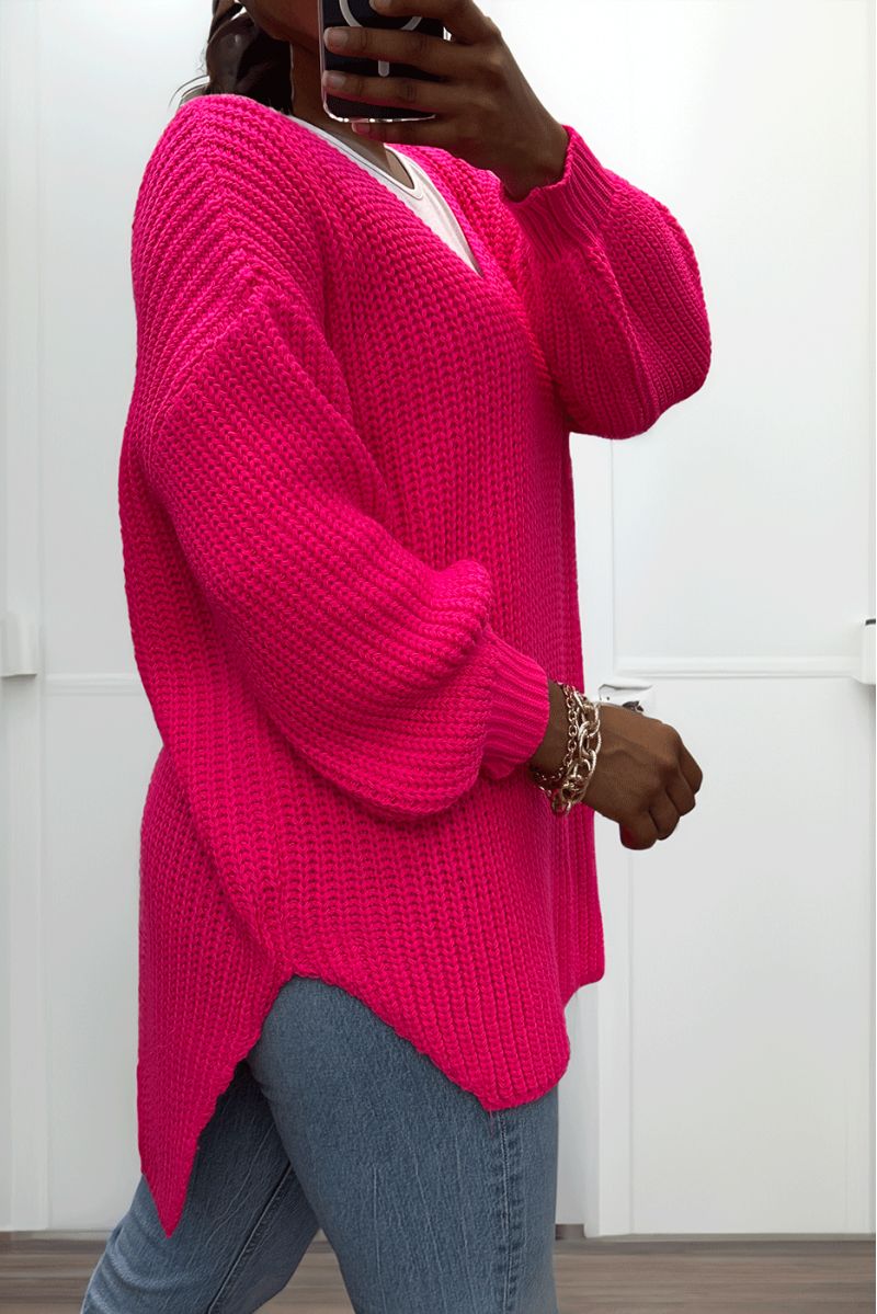 Asymmetrical fuchsia knit sweater with v-neck and puffed sleeves, ultra soft - 4