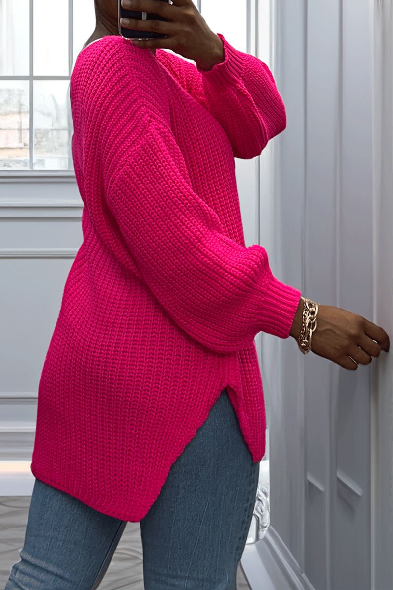 Asymmetrical fuchsia knit sweater with v-neck and puffed sleeves, ultra soft - 5