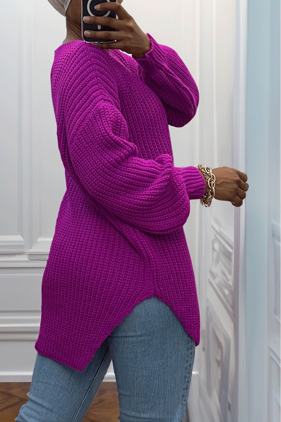 Pull violet asymétrique en tricot à col v et manches bouffantes, ultra doux