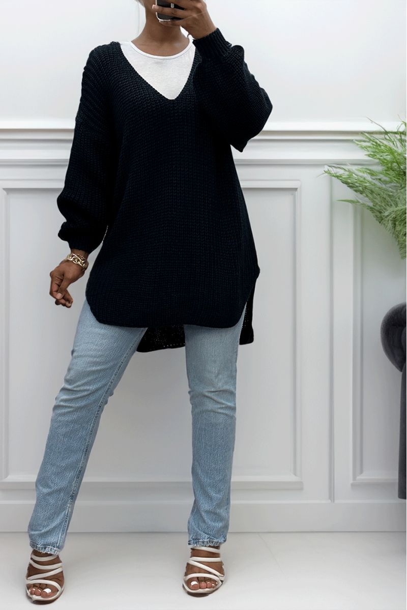 Pull marine asymétrique en tricot à col v et manches bouffantes, ultra doux - 1