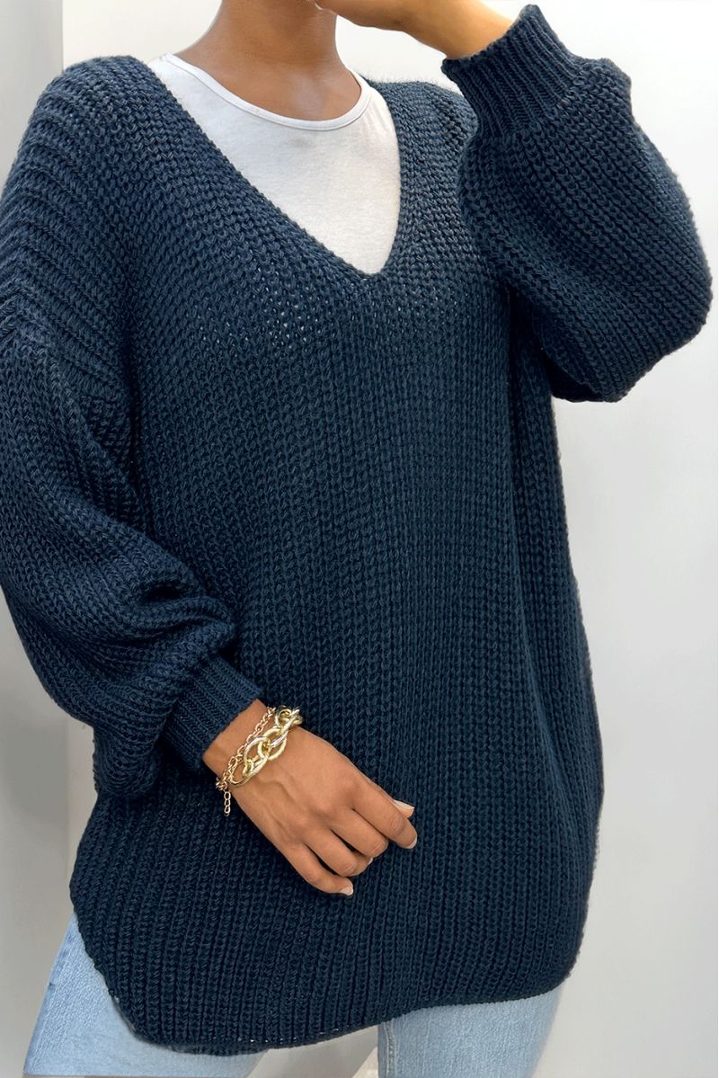 Pull marine asymétrique en tricot à col v et manches bouffantes, ultra doux - 4