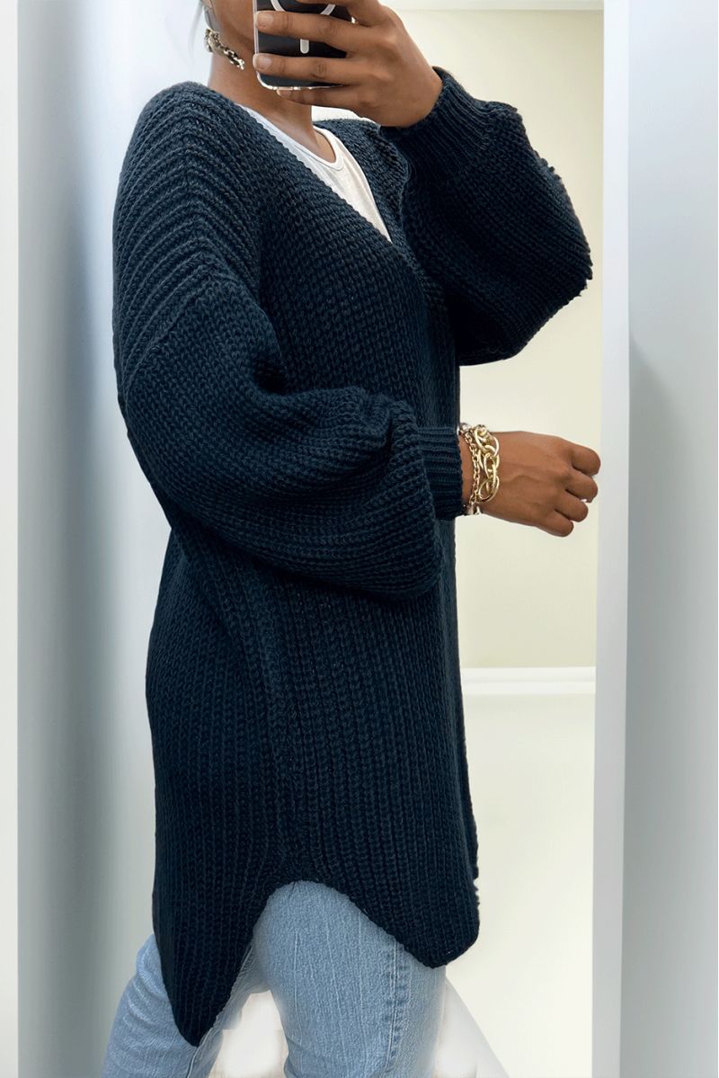 Navy asymmetrical knit sweater with v-neck and puffed sleeves, ultra soft - 6
