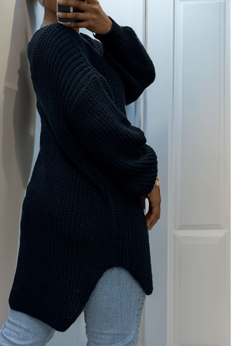 Navy asymmetrical knit sweater with v-neck and puffed sleeves, ultra soft - 7