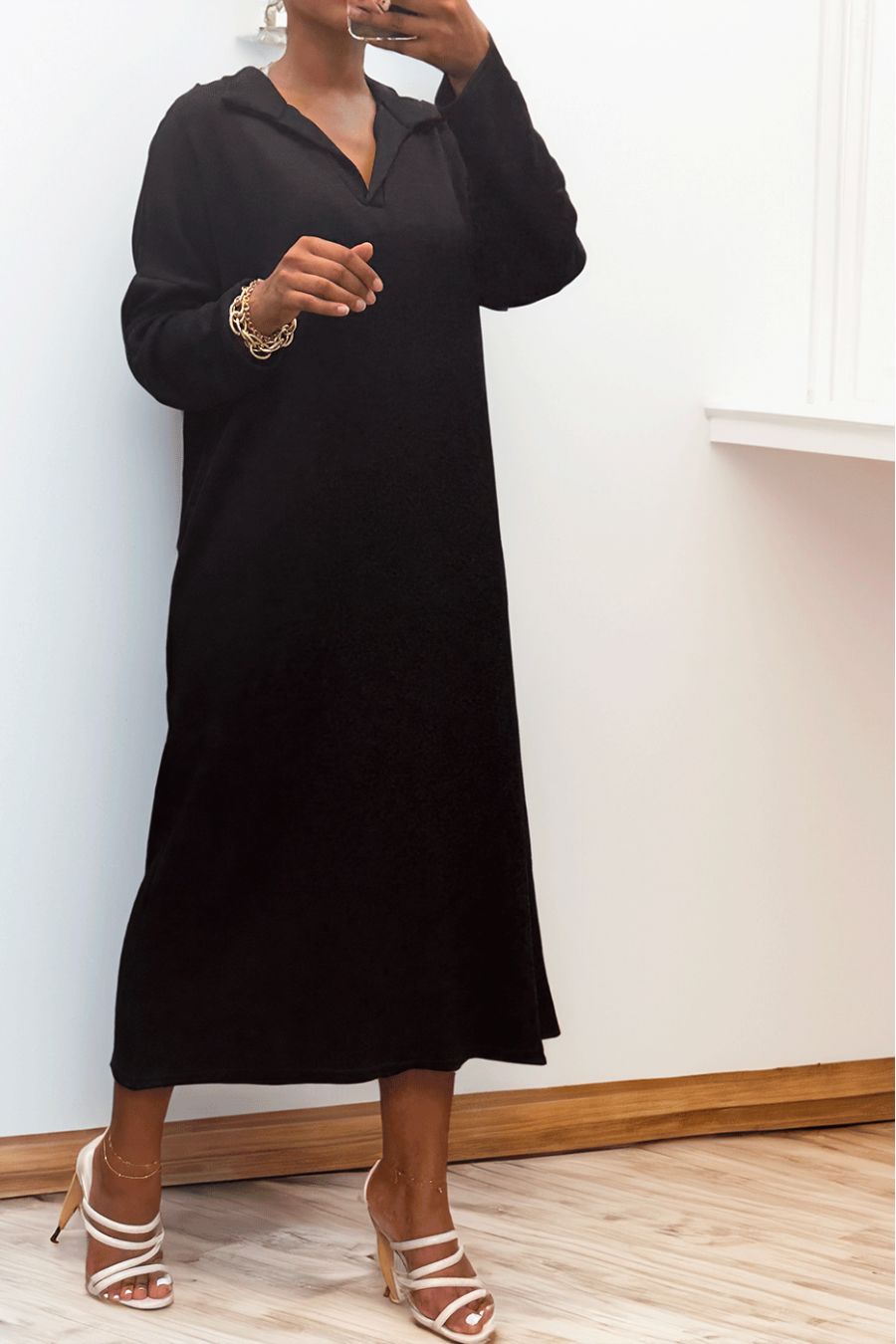 Longue robe épaisse col chemise en noire - 3