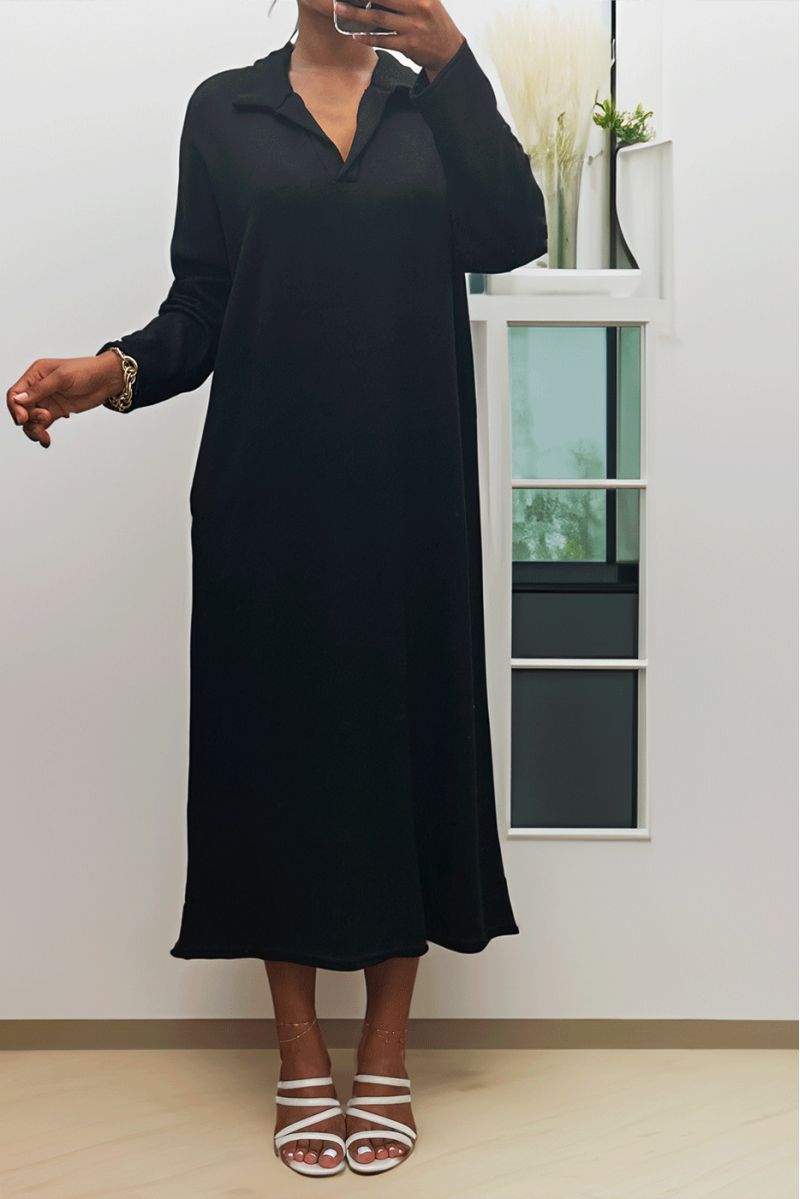 Longue robe épaisse col chemise en noire - 4
